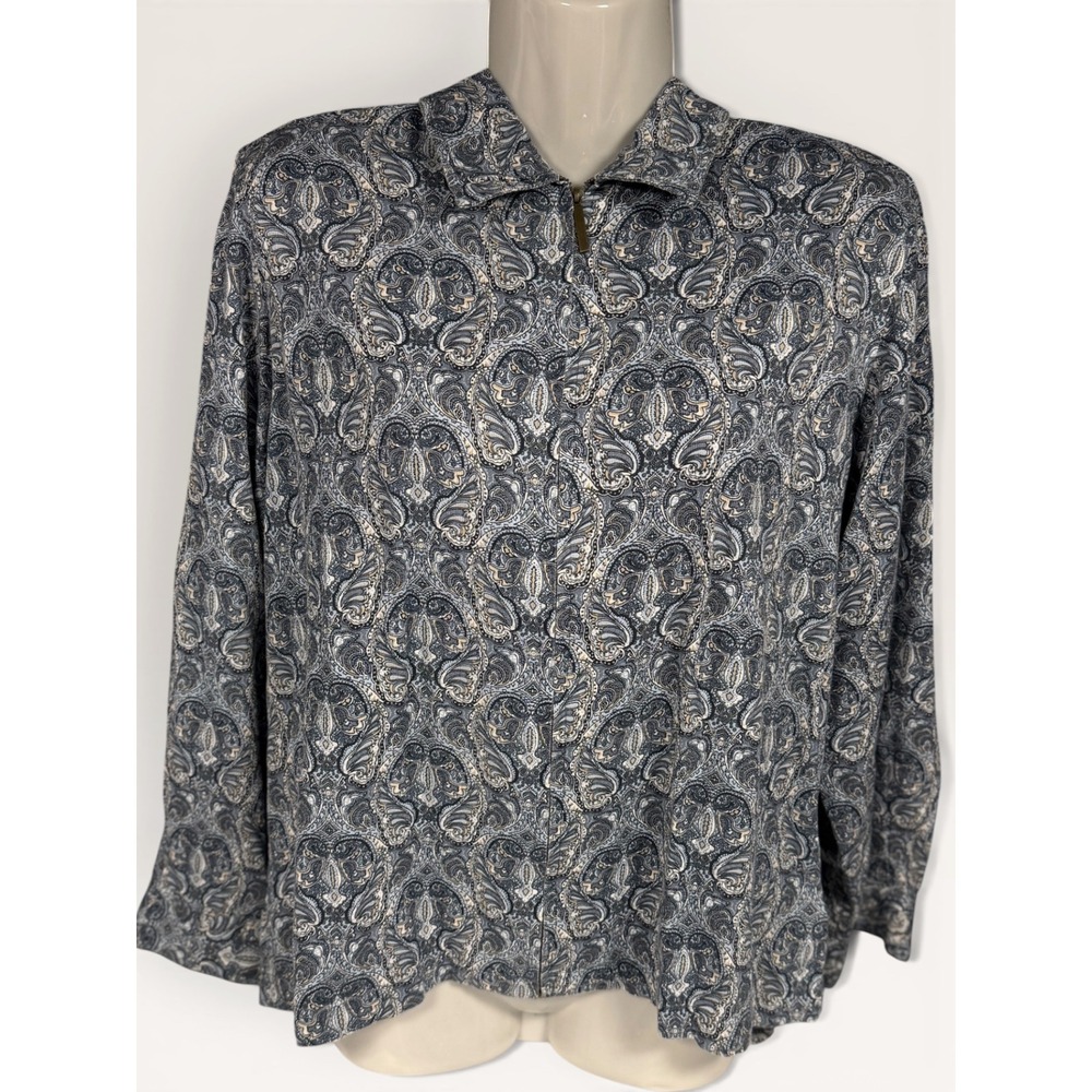 Blue Gray Paisley Zip-Up Top Cottagecore Boho Classic Chic Women's Shirt Zip Med